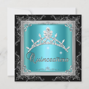 Convites Quinceanera 15º Tiara Azul Teal Prata Preto