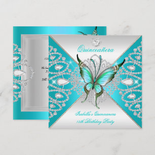 Convites Quinceanera 15º Tiara Azul Teal Prateada Borboleta