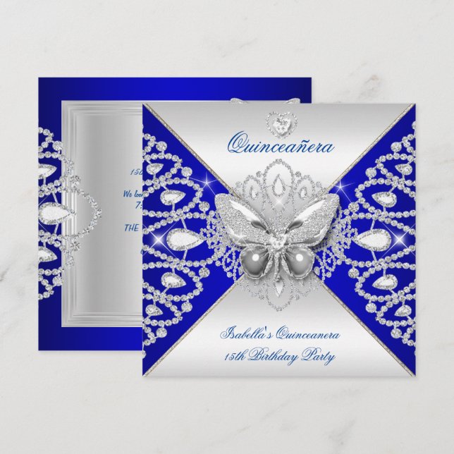 Convites Quinceanera 15º Tiara Borboleta Prata Azul (Frente/Verso)