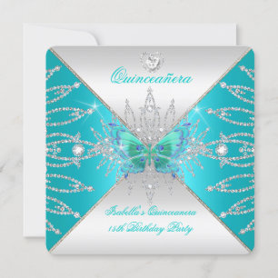 Convites Quinceanera 15º Tiara Borboleta Prata Teal 3