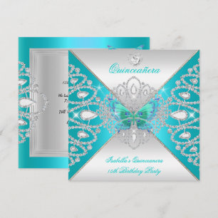 Convites Quinceanera 15º Tiara Borboleta Prata Turquesa 2