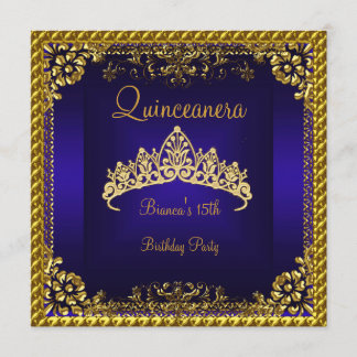 Convites Quinceanera 15º Tiara de Diamantes Dourados Azul P