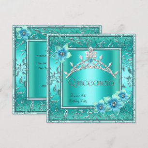Convites Quinceanera 15º Tiara Flor de Azul Teal Prata