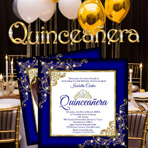 Convites Quinceanera 15º Tiara Pérola Azul Real Dourada Fot