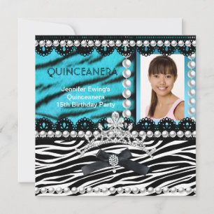 Convites Quinceanera 15º Tiara Pérola Preto Teal Zebra