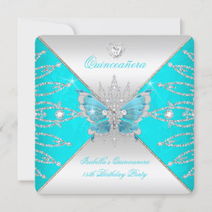 Convites Quinceanera 15º Tiara Teal Azul Borboleta Prata