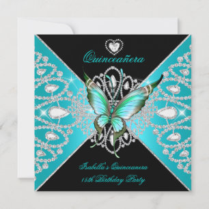 Convites Quinceanera 15º Tiara Teal Azul Preto Borboleta
