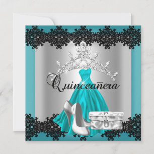 Convites Quinceanera 15º Titia Teal Preto Prata Diamante