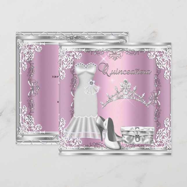 Convites Quinceanera 15º Titular de Diamante Prata Rosa (Frente/Verso)