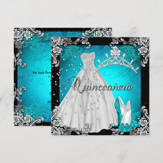 Convites Quinceanera 15 15 Calçados de Vestido Teal de Aniv (Frente/Verso)