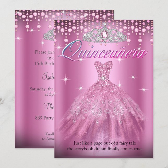 Convites Quinceanera 15 Aniversário Bonito Vestido Rosa Tia (Frente/Verso)