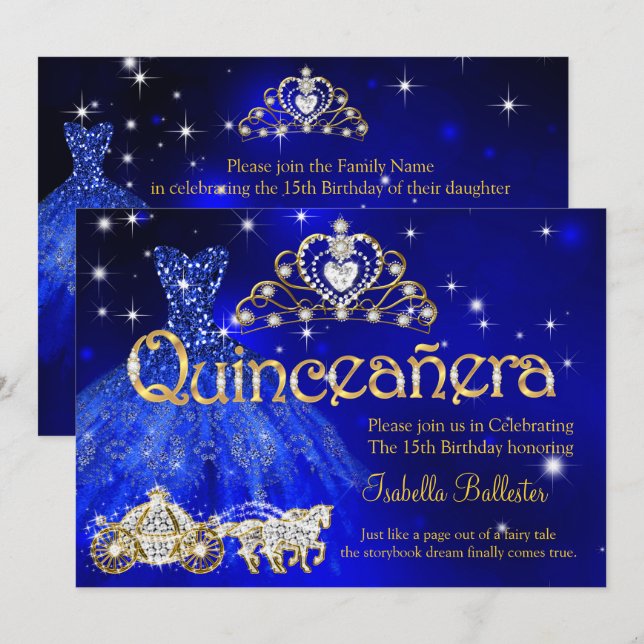 Convites Quinceanera 15 Aniversário Carruagem Azul Tiara (Frente/Verso)