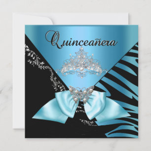 Convites Quinceanera 15 Aniversário Tiaras Azul Preto Zebra