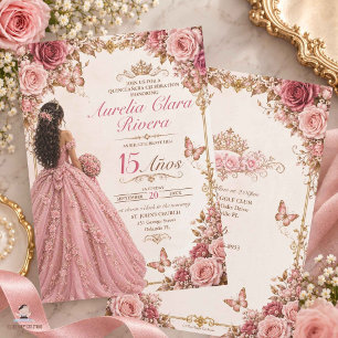 Convites Quinceañera 15 Anos Dourado Rosa Floral Princesa