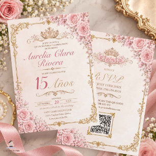 Convites Quinceañera 15 Anos Rosa Floral Vintage Ouro QR