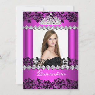 Convites Quinceanera 15 Anos Rosa Quente Preto Branco Renda