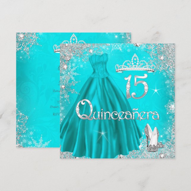 Convites Quinceanera 15 Aqua Silver Snowflakes Partido 2 (Frente/Verso)