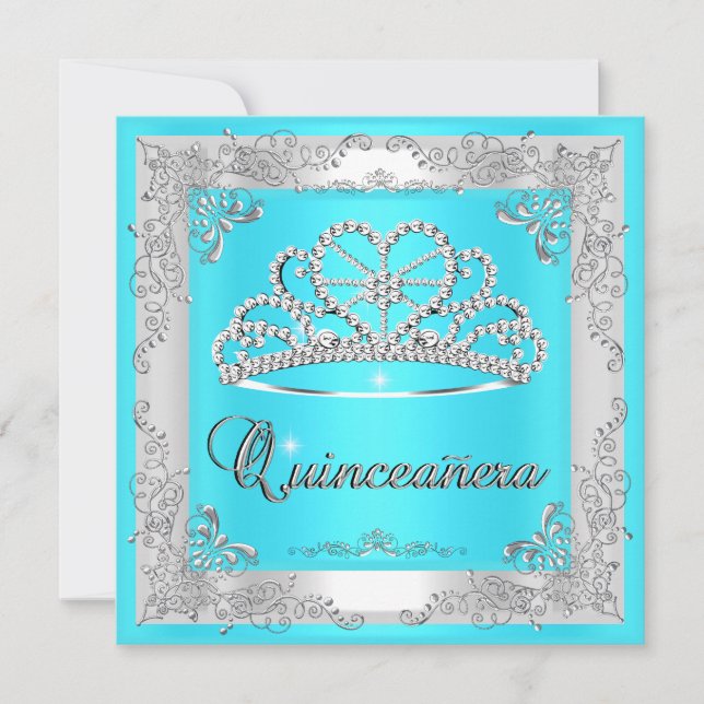 Convites Quinceanera 15 Birthday Aqua Blue Silver Tiara (Frente)