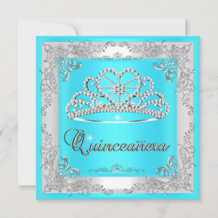Convites Quinceanera 15 Birthday Aqua Blue Silver Tiara