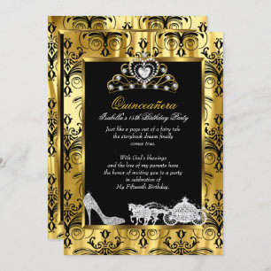 Convites Quinceanera 15 Birthday Black Dourada Damask 2