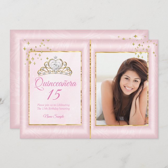 Convites Quinceanera 15 Birthday Blush Foto Dourada Rosa (Frente/Verso)