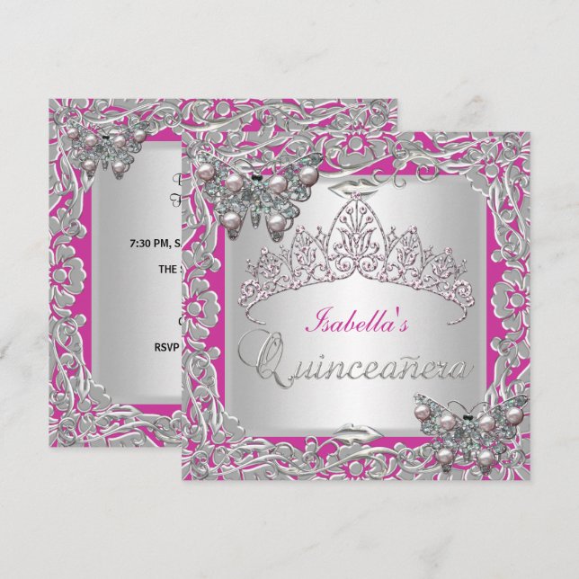 Convites Quinceanera 15 Birthday Borboletas Silver Pink (Frente/Verso)