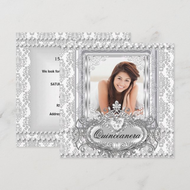 Convites Quinceanera 15 Birthday Damask Silver White (Frente/Verso)