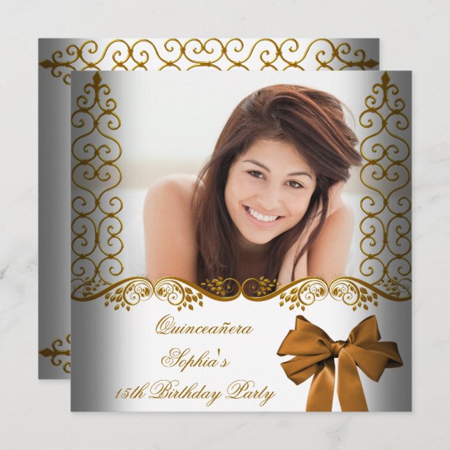 Convites Quinceanera 15 Birthday, Dourada Foto do Lace Bran (Frente/Verso)