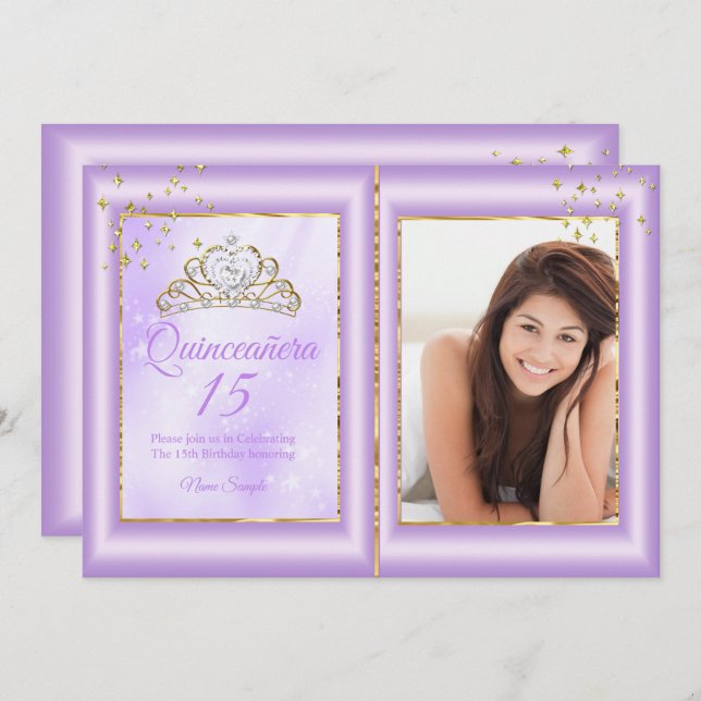 Convites Quinceanera 15 Birthday Lilac Purple Foto Dourada (Frente/Verso)