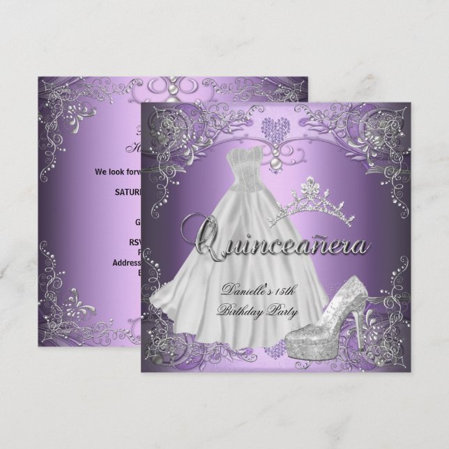 Convites Quinceanera 15 Birthday Lilac Roxo (Frente/Verso)