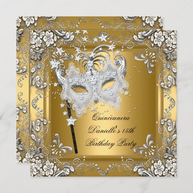 Convites Quinceanera 15 Birthday Mascarada Mask Dourado (Frente/Verso)