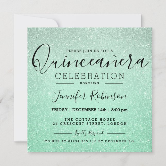 Convites Quinceanera 15 Birthday Mint Glitter (Frente)