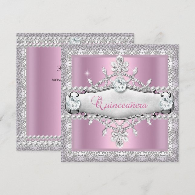 Convites Quinceanera 15 Birthday Pink Diamond Tiara (Frente/Verso)