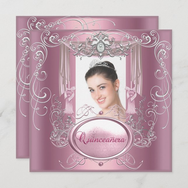 Convites Quinceanera 15 Birthday Pink Silver Star (Frente/Verso)