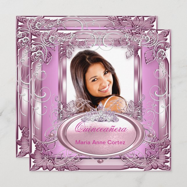 Convites Quinceañera 15 Birthday Pink White Silver Tiara (Frente/Verso)