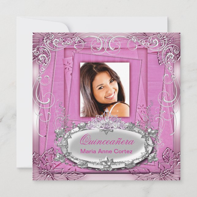 Convites Quinceañera 15 Birthday Pink White Silver Tiara (Frente)