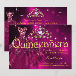Convites Quinceanera 15 Birthday Plum Pink Vestido Tiara