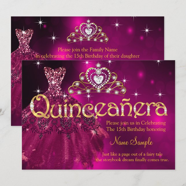 Convites Quinceanera 15 Birthday Plum Pink Vestido Tiara (Frente/Verso)