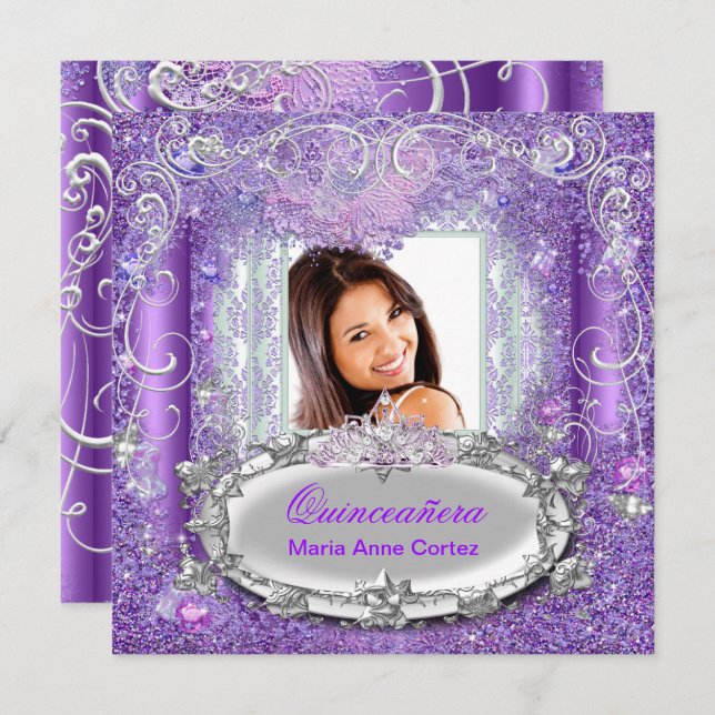 Convites Quinceañera 15 Birthday Purple Glitter (Frente/Verso)