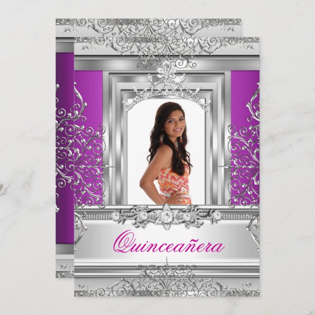 Convites Quinceañera 15 Birthday Purple Silver Tiara (Frente/Verso)