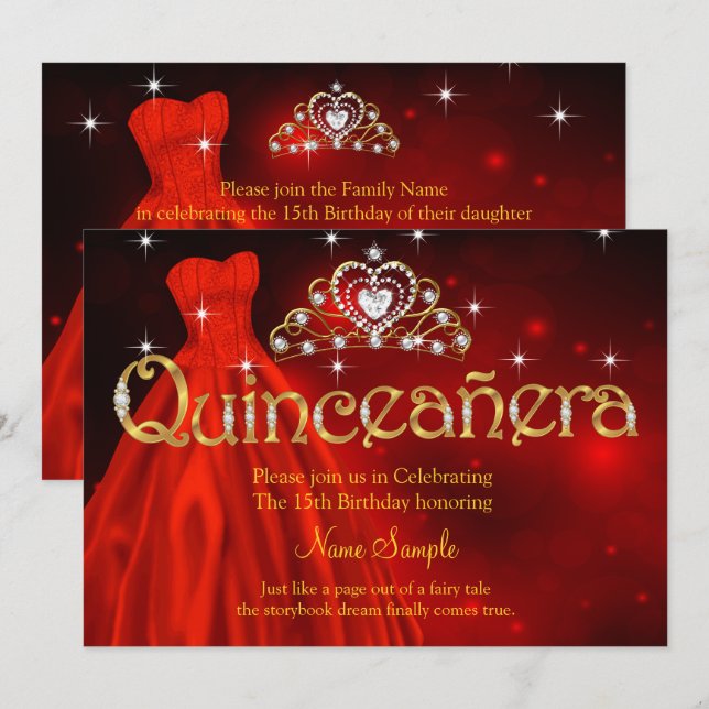 Convites Quinceanera 15 Birthday Regal Vestido Vermelho Tia (Frente/Verso)