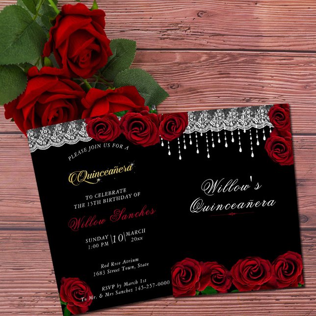 Convites Quinceanera 15 Birthday Rosa vermelha White Lace (Red Roses Quinceanera Invitation)