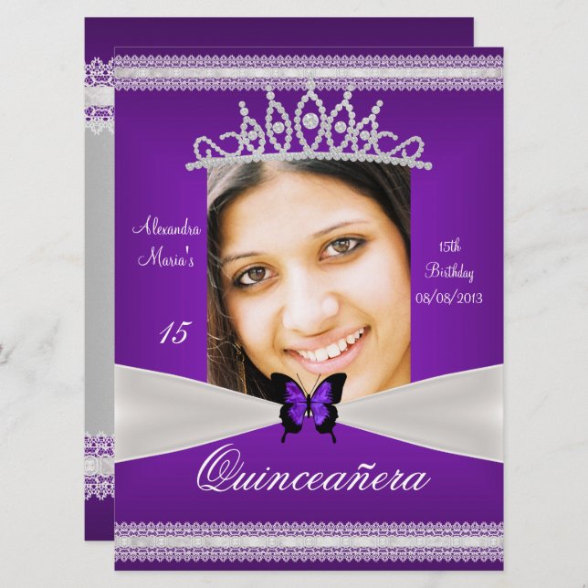 Convites Quinceañera 15 Birthday Roxo Lace Foto (Frente/Verso)