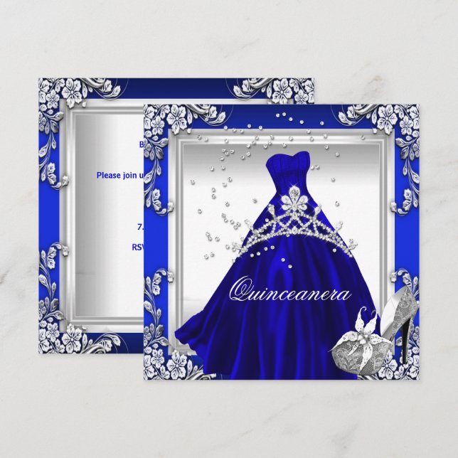 Convites Quinceanera 15 Birthday Royal Blue Dress Gown (Frente/Verso)