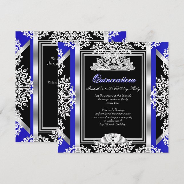 Convites Quinceanera 15 Birthday Royal Blue Silver Black (Frente/Verso)