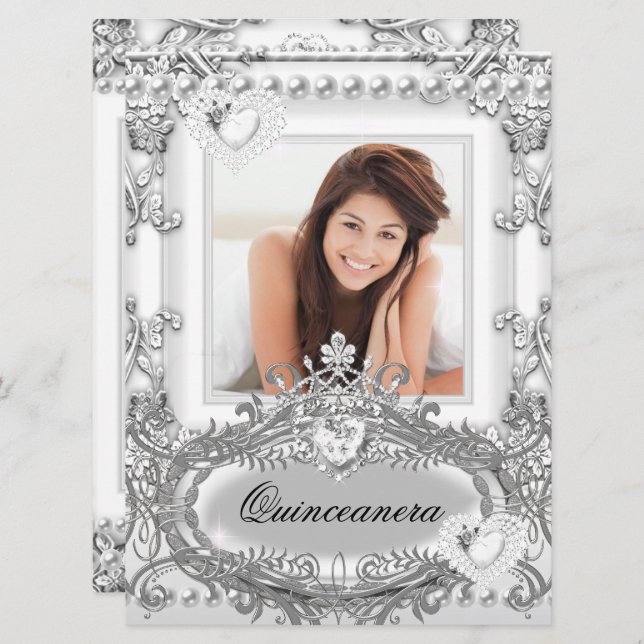 Convites Quinceanera 15 Birthday Silver White (Frente/Verso)