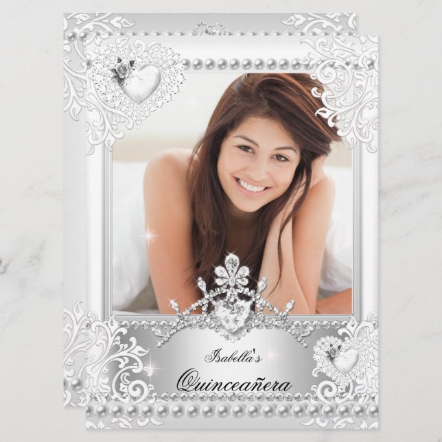 Convites Quinceanera 15 Birthday Silver White Hearts 3 (Frente/Verso)