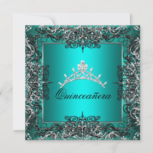 Convites Quinceanera 15 Birthday Teal Blue Black Lace (Frente)