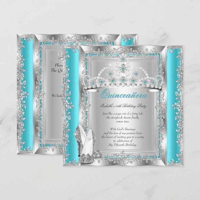 Convites Quinceanera 15 Birthday Teal Blue Silver Tiara a (Frente/Verso)