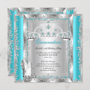 Convites Quinceanera 15 Birthday Teal Blue Silver Tiara a